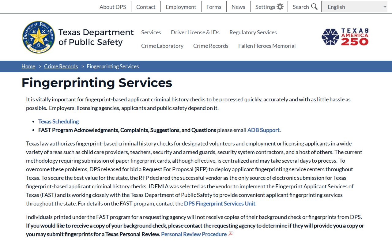 Throckmorton County criminal history FAST fingerprint services page